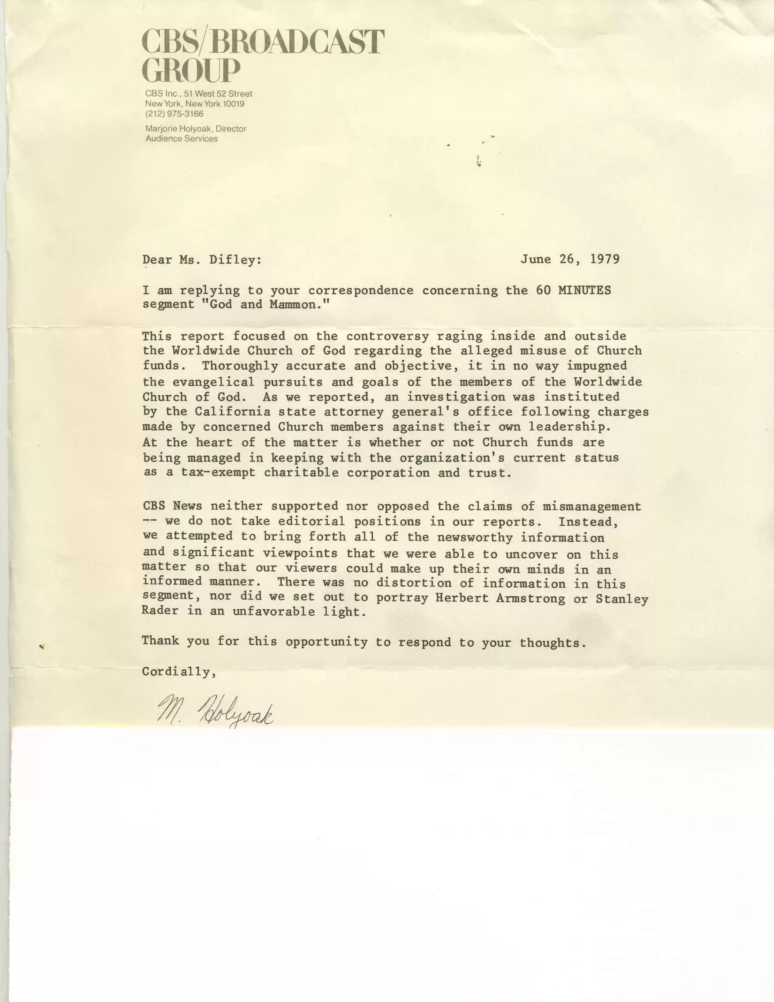 Stan Rader_CBS reply re 60 Min interview 6-26-79